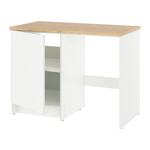 Mueble base de cocina blanco KNOXHULT con encimera de roble, almacenamiento abierto y acabado de melamina duradero.