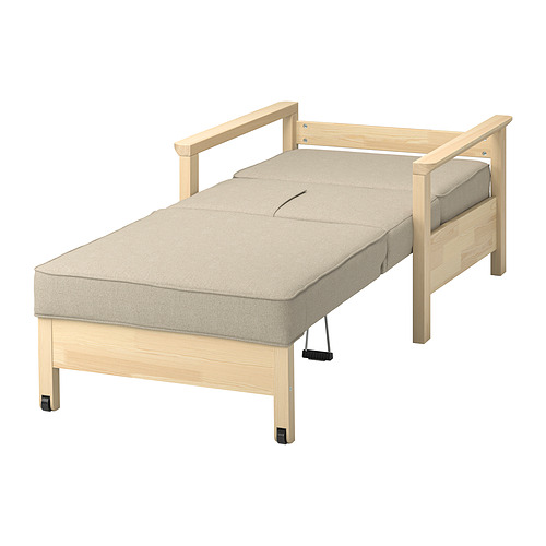 Cama TORNSBORG: estructura de madera clara, cojín beige, diseño sencillo y funcional.