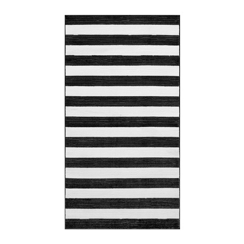 Una alfombra de rayas blancas y negras llamada ELSYSTEM, con un diseño tejido con un pelo suave y bajo, ideal para dormitorios o pasillos.