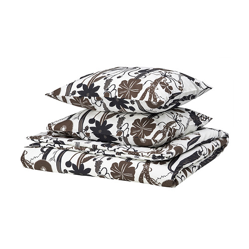 Conjunto nórdico LUNDSKAFTING en color blanco con diseño floral marrón, mezcla de algodón nítido, rectangular con cierre de botón.