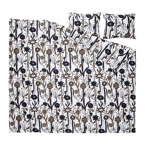 Conjunto de edredón nórdico LUNDSKAFTING, blanco con motivos florales negros. Diseños de hojas y tallos, mezcla duradera de algodón y lyocell.