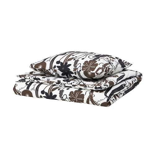 Juego de edredón LUNDSKAFTING, blanco con flores marrones, mezcla de algodón crujiente, rectangular con diseño botánico retorcido.