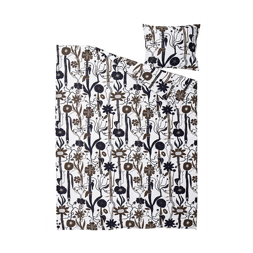 Conjunto nórdico LUNDSKAFTING, blanco con estampado floral oscuro, diseño botánico a rayas, forma cuadrada, mezcla de algodón y lyocell.