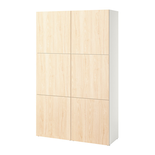 Mueble de almacenaje BESTÅ: madera clara, marco blanco, forma rectangular, seis puertas, diseño minimalista.