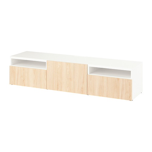 Banco de tv BESTÅ blanco con cajones de madera, diseño minimalista, pies ajustables.