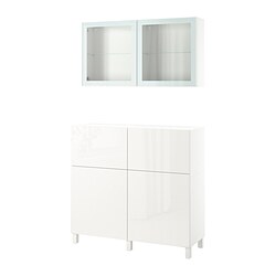 BESTÅ, living room cabinet with drawer runner, push-open, White / Selsviken-Glassvik high-gloss / white clear glass