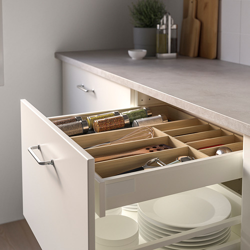 Cajón de cocina con bandeja de especias de bambú, cubiertos, batidor, accesorios de acero inoxidable, platos blancos