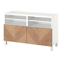 BESTÅ, banco para TV con puertas, Blanco / Hedeviken chapa de roble