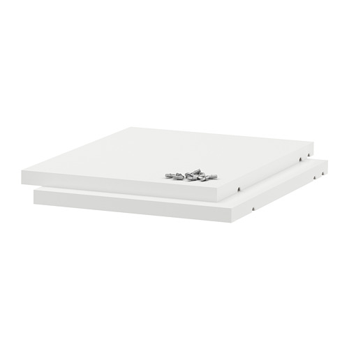 Un juego de estanterías UTRUSTA blanco con lámina de melamina; Tiene forma cuadrada y 18 mm de grosor.