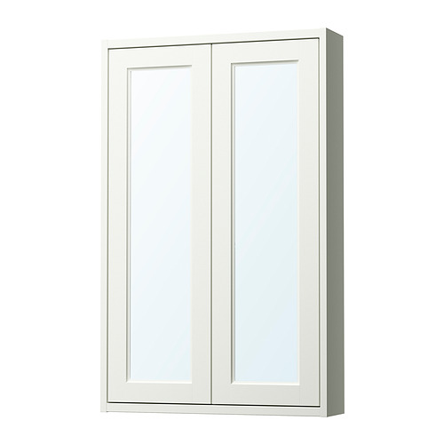 Mueble de baño TÄNNFORSEN blanco, de pared con puertas de espejo y estantes de cristal.