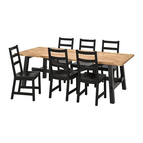 SKOGSTA: juego de comedor moderno con robusta mesa de acacia y sillas negras. Respaldos altos, madera oscura, acabado lacado. Ideal para uso intensivo.