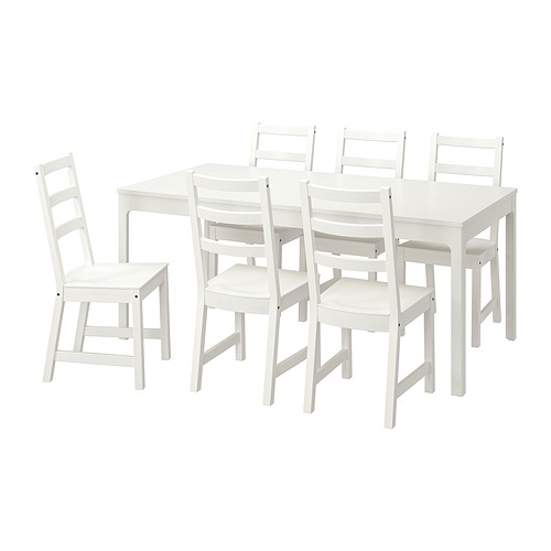 Juego de comedor de madera blanca con mesa y seis sillas a juego, diseño de mesa cuadrada.