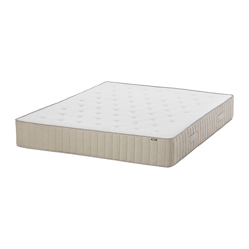 Colchón de abeto blanco con borde beige, muelles ensacados y funda de material natural.