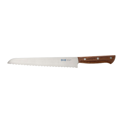Un cuchillo de pan dentado con mango de nogal oscuro, hoja de acero inoxidable y remaches triples. Perfecto para rebanar pan.