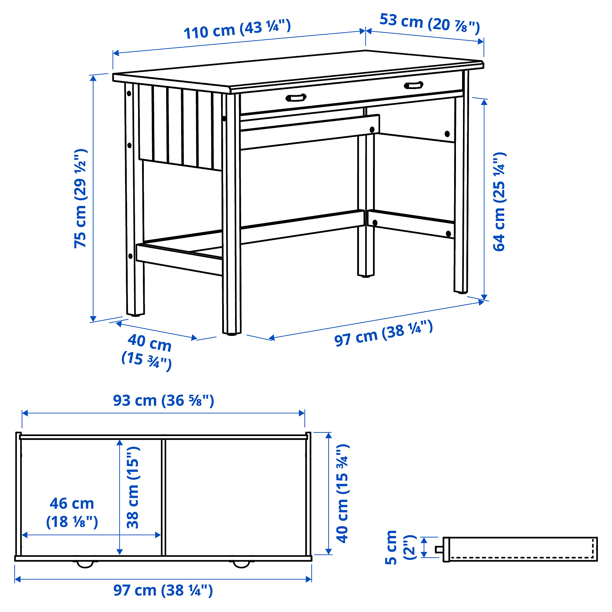Measurement Illustration - BRYTNING desk with add-on unit