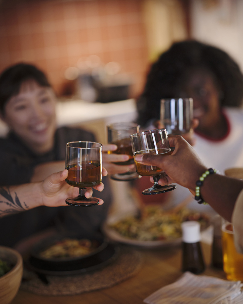Friends toasting with drinks around a cozy dinner table, enjoying a warm and festive meal together.