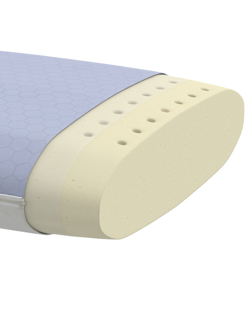 A cross-section of a KVARNVEN ergonomic pillow for stomach sleepers showing the ventilation holes in the memory foam centre.
