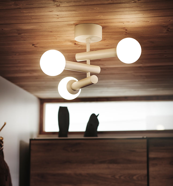 KRANBALK ceiling lamp in beige and white with PAX/MEHAMN wardrobe in the background.