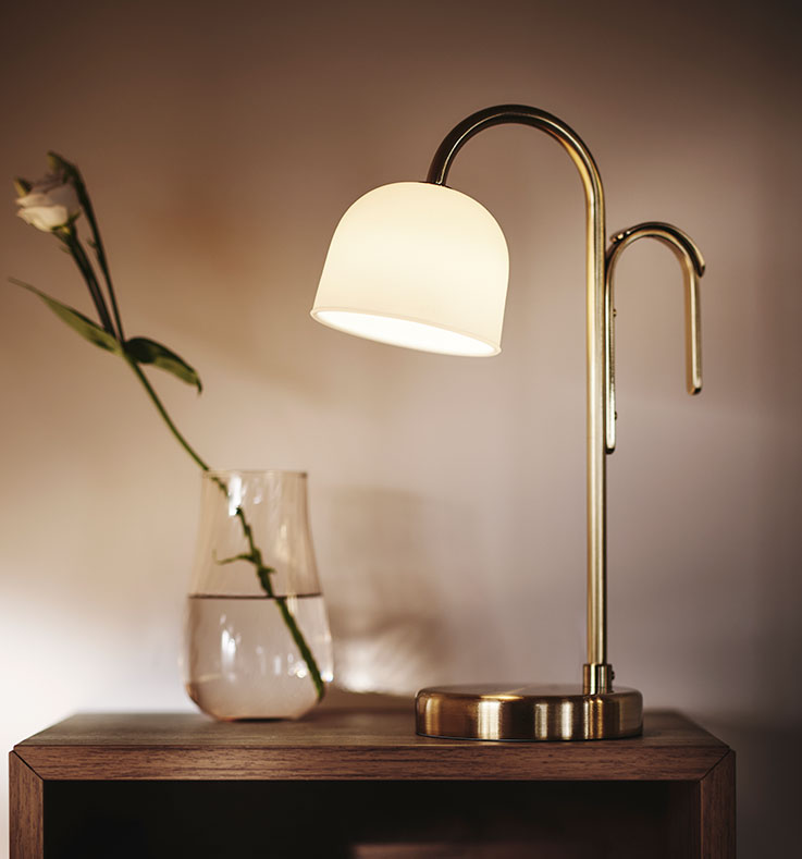 Close-up of TVÅMASTAD LED portable lamp in front of glass vase with a flower. Soft light all around.