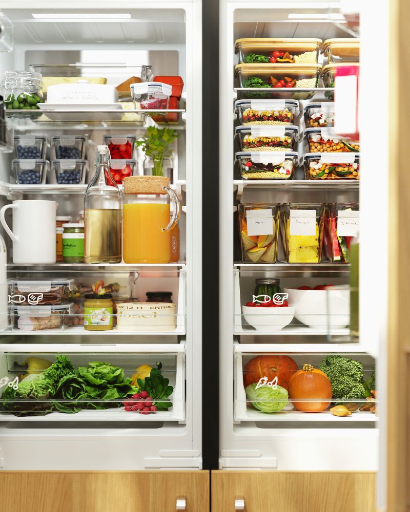A refrigerator’s shelves are filled with KLIPPKAKTUS fridge storage boxes and IKEA 365+ food containers.
