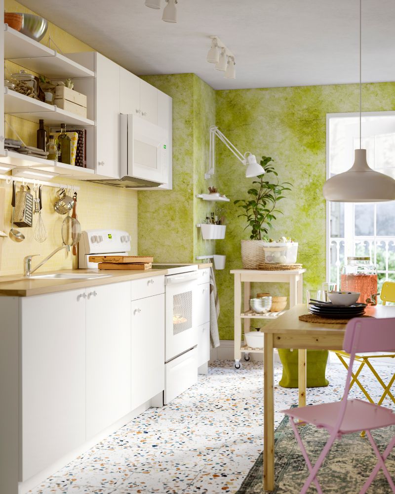 Kitchen with KNOXHULT cabinets, sink, tap, strainer, drawers, doors, shelves, hinges, and fittings.