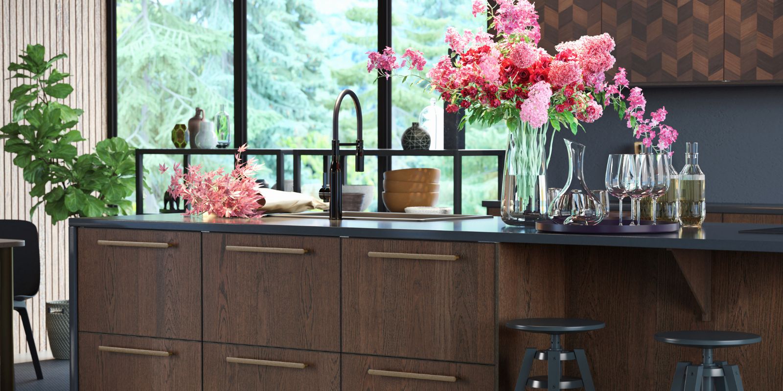 Modern kitchen with DALFRED stools, BERÄKNA vase, STORSINT glasses, SALLSJÖN faucet and EKBACKEN countertop.