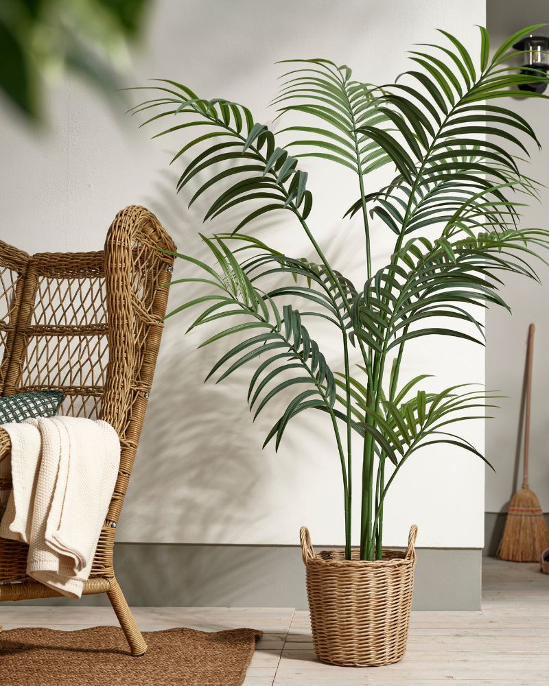 Terrace, warm and natural with FLODBJÖRK pot, RISHOLMEN armchair, HUMLEMOTT throw, TOFTÖ cushions, STRÖG rug and FEJKA plant.