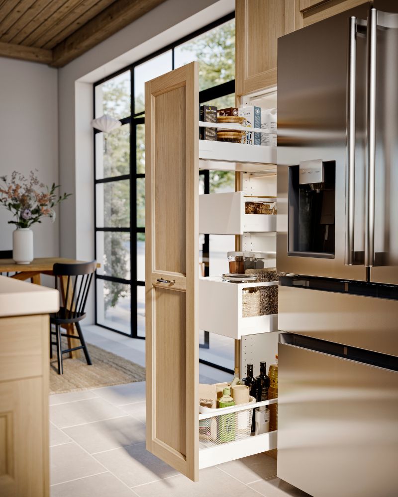 Bright kitchen with SEKTION pull‑out cabinet, MAXIMERA drawers and IKEA 365+ containers neatly stored.