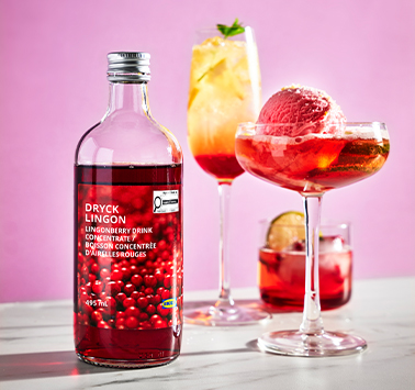 Bottle of lingonberry concentrate next to three red cocktails served in elegant glasses with ice and lemon slices, on a white table with a pink background.