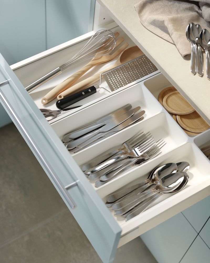 Modern kitchen drawer with IKEA UPPDATERA cutlery and utensil trays, DRAGON and RÖRT cutlery neatly organized.