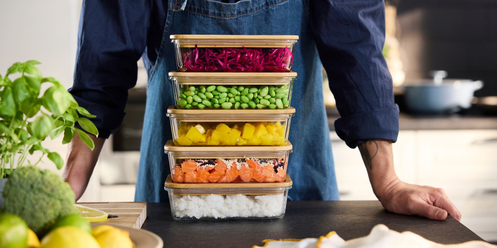 Bright kitchen prep with IKEA 365+ food containers with lids, clear stacked boxes showcasing colorful chopped vegetables.