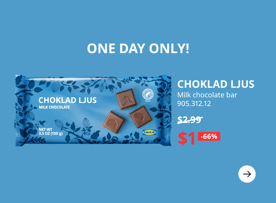 “One day only” special offer for IKEA CHOKLAD LJUS milk chocolate bar, featuring a 66% discount.