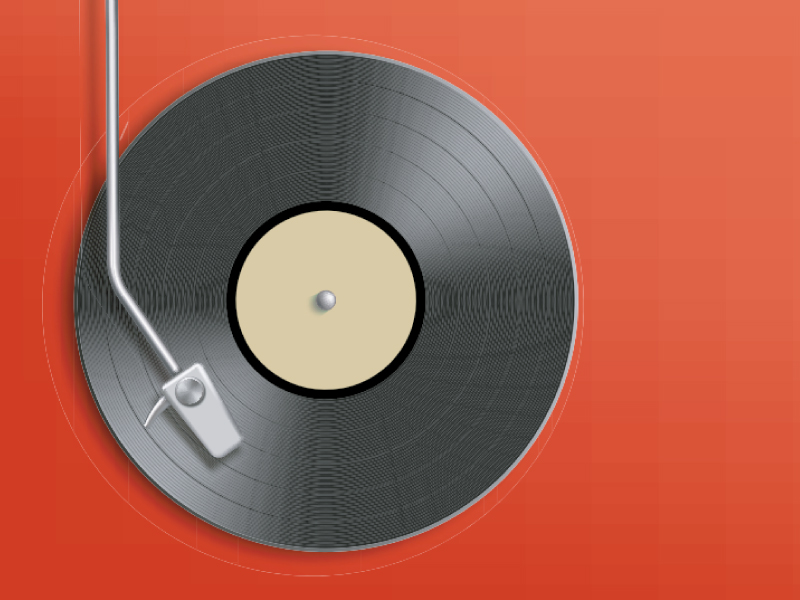 Top-down graphic illustration of a black vinyl record playing on a turntable with a silver tonearm, set against a solid orange background.