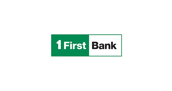"1 First Bank" logo split into a green and white block on a plain background.