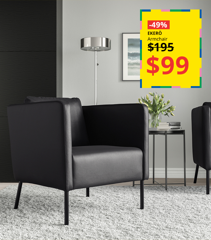 Black EKERÖ armchair in a living room with a featured promotional offer.