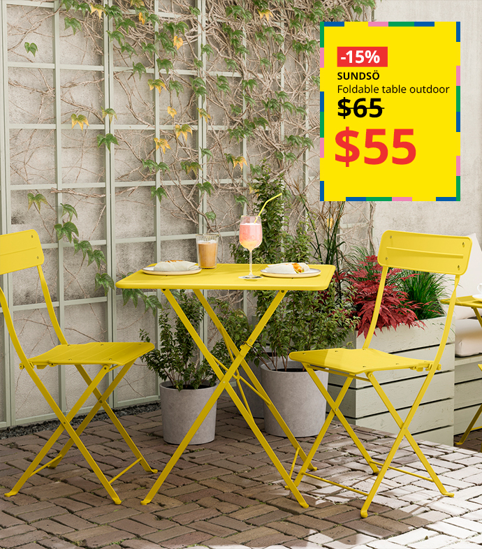 SUNDSÖ yellow outdoor foldable table and chairs on a patio, 15% off, now $55.