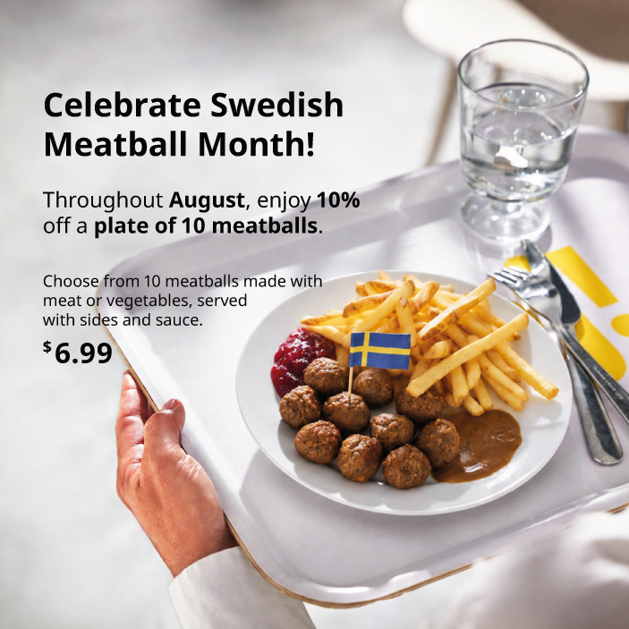 Swedish Meatball Month promotion featuring a 10-meatball meal with fries and 10% off.