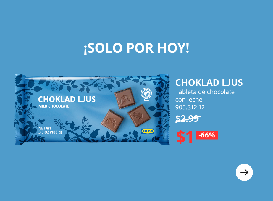 Promoción especial “Solo por hoy” de la tableta de chocolate con leche CHOKLAD LJUS de IKEA, con descuento del 66%.