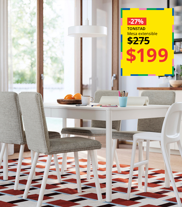 Mesa extensible TONSTAD blanca con sillas y oferta promocional.