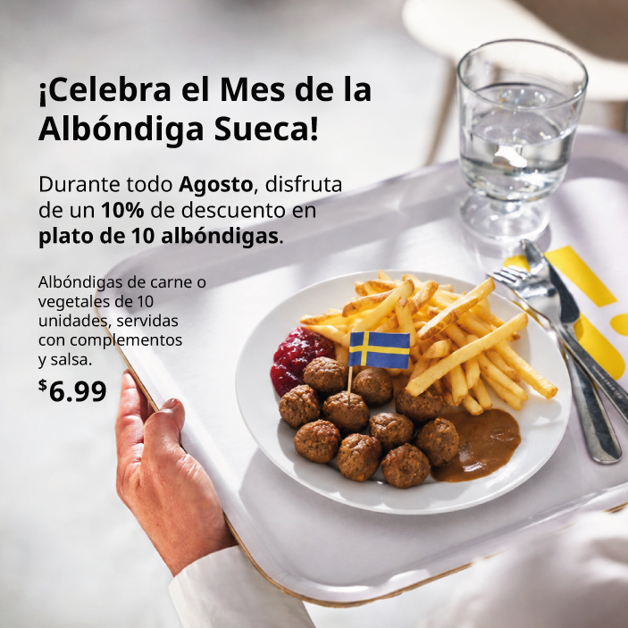 Promoción del Mes de la Albóndiga Sueca con plato de 10 albóndigas, papas fritas y descuento del 10%.